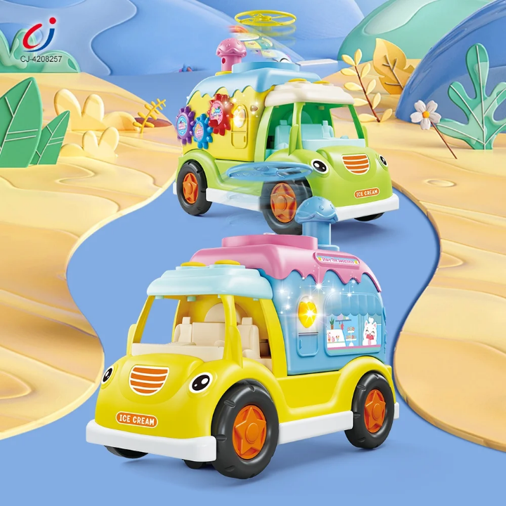 Funny busy battery operated ice-cream truck with flying disc machine for kids