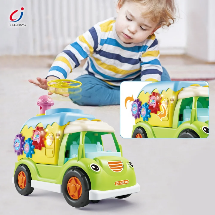 Funny busy battery operated ice-cream truck with flying disc machine for kids