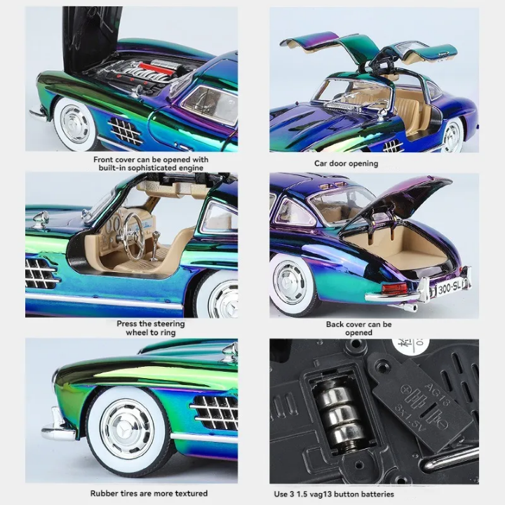 1:24 Mercedes-Benz 300SL classic alloy car model with lights and sound die cast model for kids